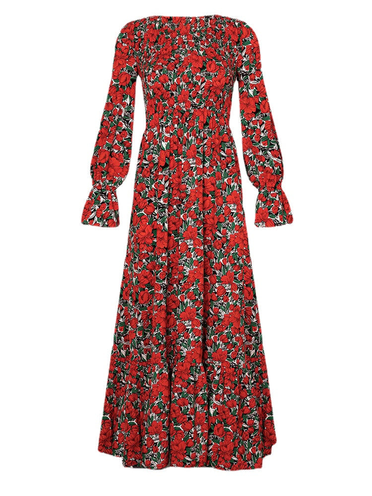 Women Polka Dot Print Pleated O-Neck Casual Long Sleeve Layered Maxi Dress