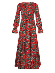 Women Polka Dot Print Pleated O-Neck Casual Long Sleeve Layered Maxi Dress