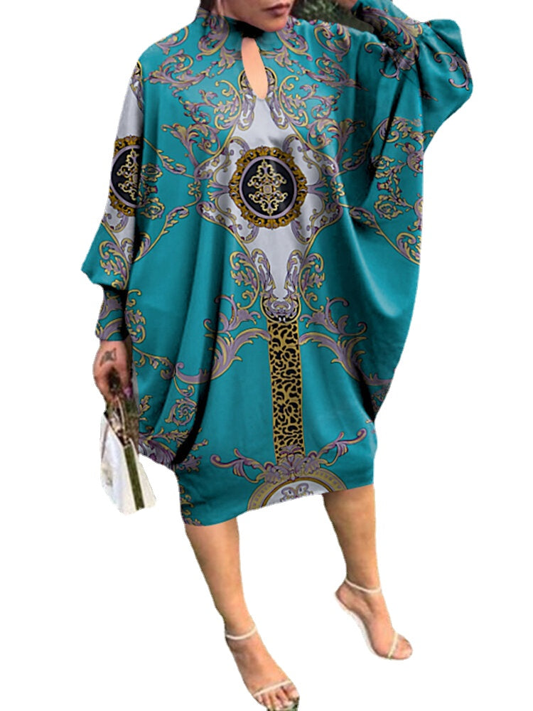 Tribal Pattern Hole Loose Crew Neck Long Sleeve Dress