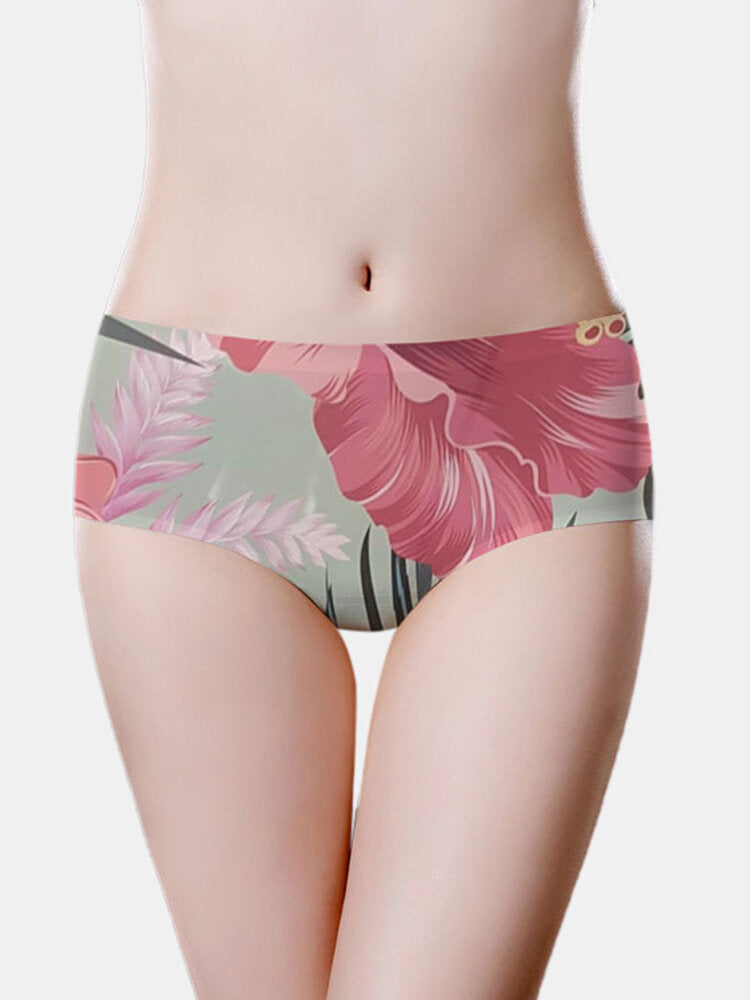 Seamless Women Floral Print Breathable Ice Silk Mid Waisted Panties