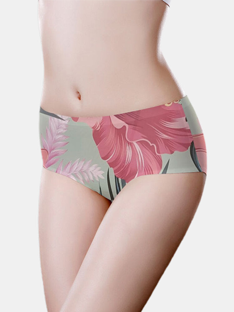 Seamless Women Floral Print Breathable Ice Silk Mid Waisted Panties