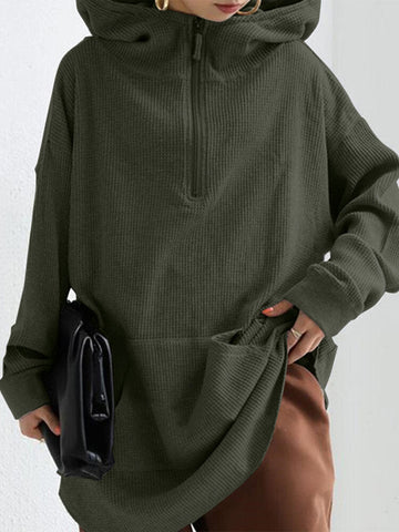 Women Long Solid Color Front Pocket Loose Retro Hooded Sweatshirt