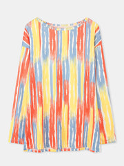 Women Watercolor Stripes Print O-neck Long Sleeve Blouses