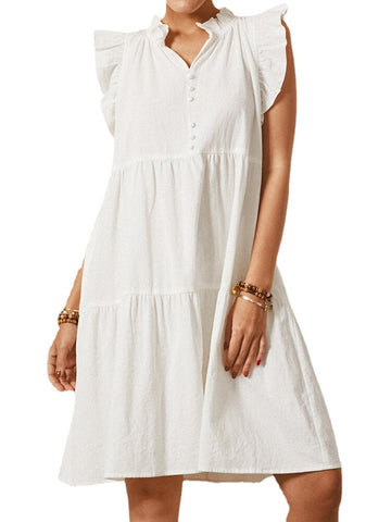 Solid Color V-neck Sleeveless Ruffle Casual Dress For Women