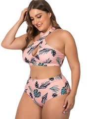 Women Plus Size Criss Cross Strappy Printed High Waist Bikini