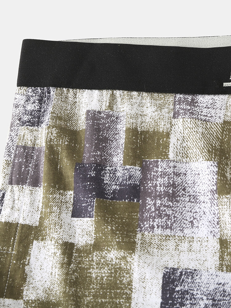 Mens 100% Cotton Colorblock Print Breathable Thin Elastic Mid Waist Arrow Short Boxers