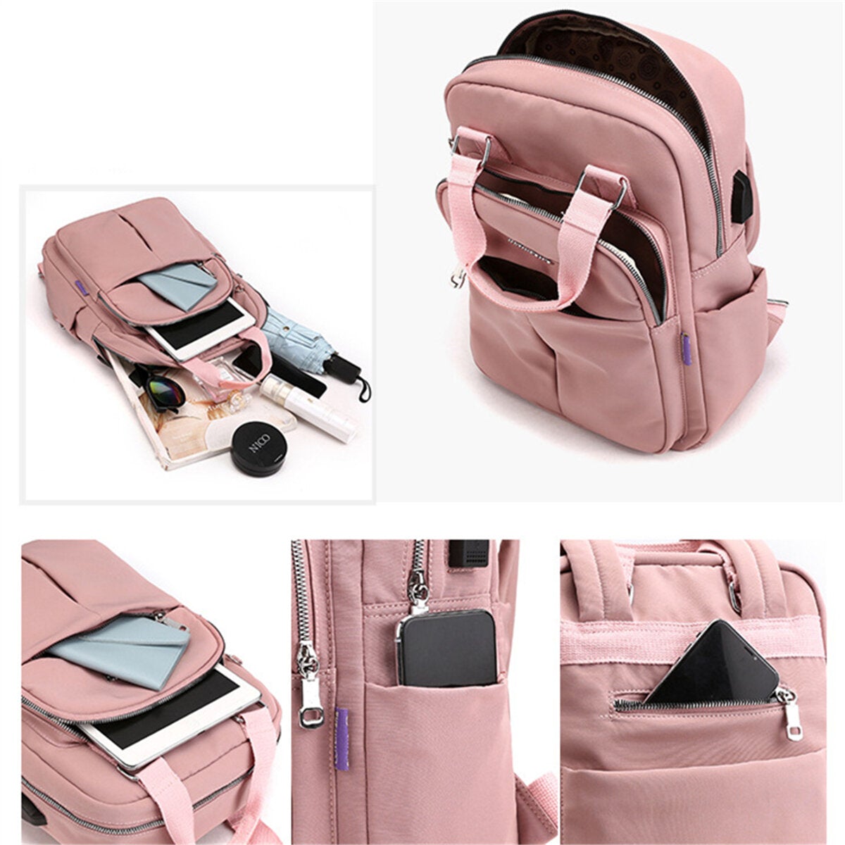 Women Nylon Waterproof Patchwork Backpack With USB Charging Port For Outdoor School