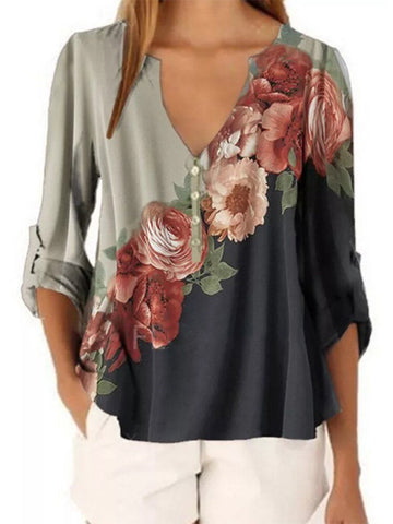 Women Flowers Print Patchwork V-Neck Button Casual Plus Size Blouse
