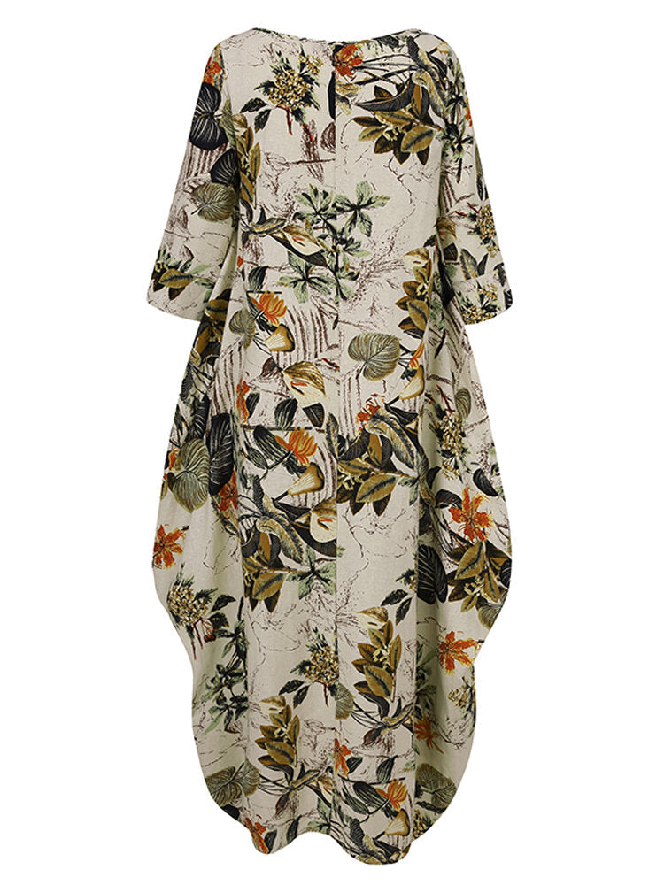 Women Cotton Floral Printed Vintage 3/4 Sleeve Baggy Maxi Dresses With Pocket