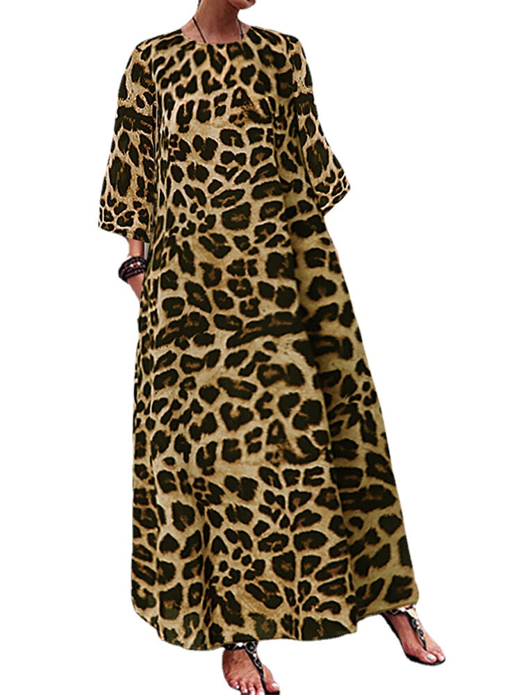 Women Leopard Print Casual Loose Dress with Pockets