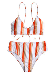 Women Colorful Striped Back Bandage High Waist Bikini Backless Swimsuit