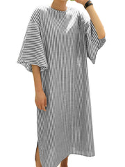 Side Fork Puff Sleeve Striped Loose Dress For Women