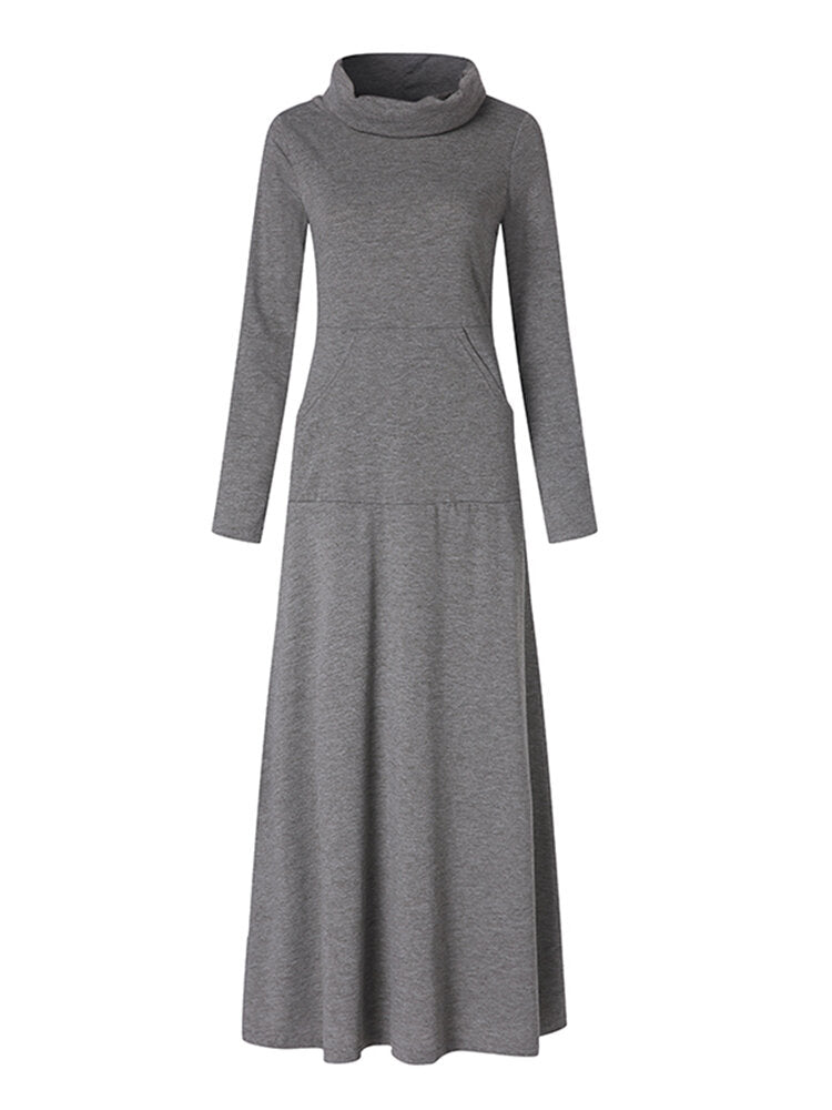 Casual Women Turtleneck Big Pocket Loose Hoodie Maxi Dress