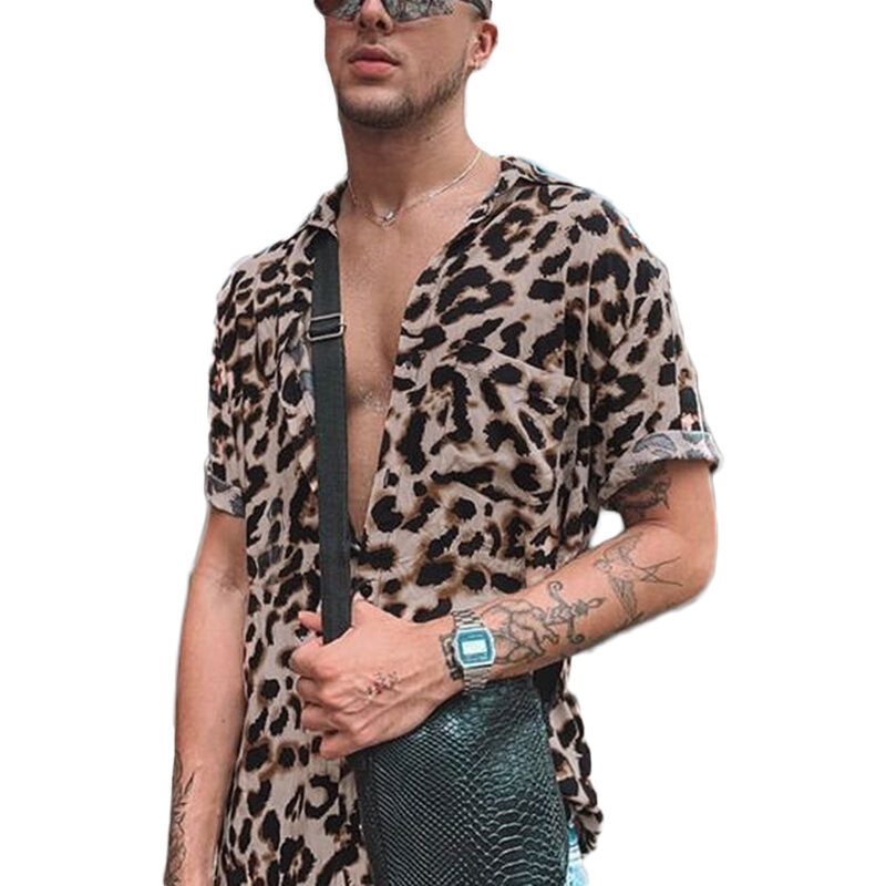 Summer Leopard Print Shirts Fashion Men Short Sleeve Lapel Shirt Casual Floral Blouse Men Hawaiian Beach Tops