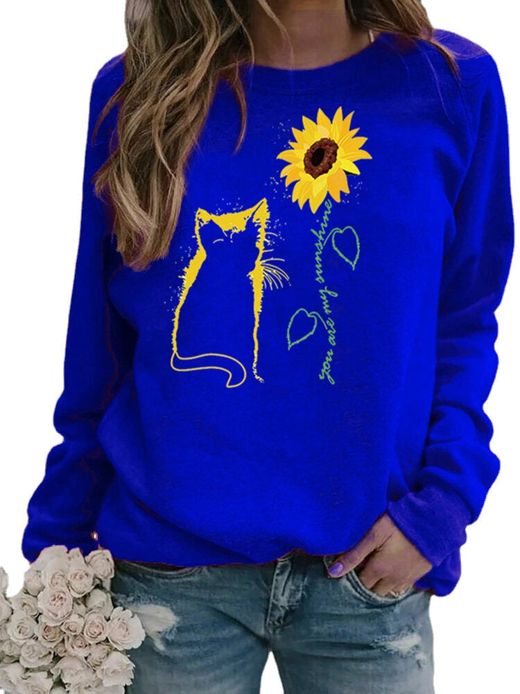 Women Sunflower And Cartoon Cat Print Pullover O-Neck Casual Sweatshirts