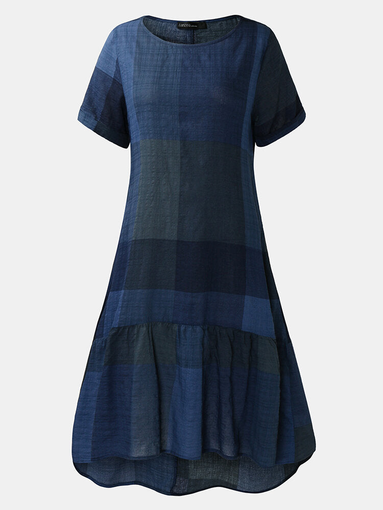 O-Neck Plaid Loose Casual Dress With Side Pockets For Women