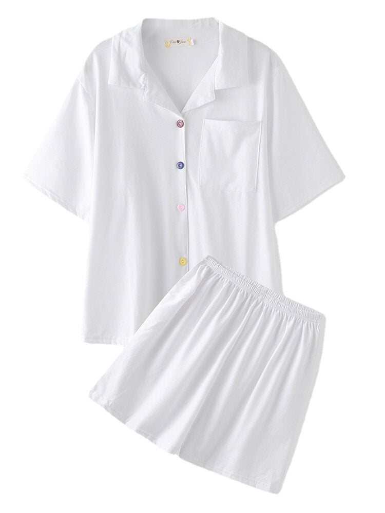 Women Solid Color Short Sleeve Revere Collar Comfy Casual Two Piece Pajama Set