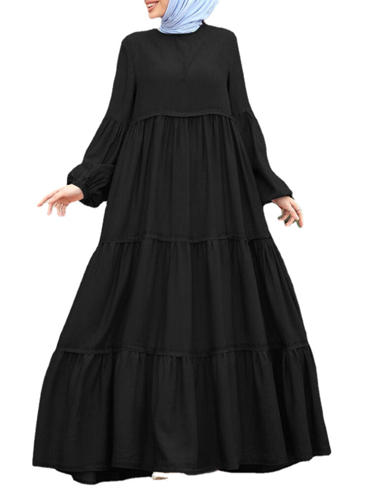 Women Layered Pleats Solid Color Puff Casual Long Sleeve Bohemian Maxi Dress