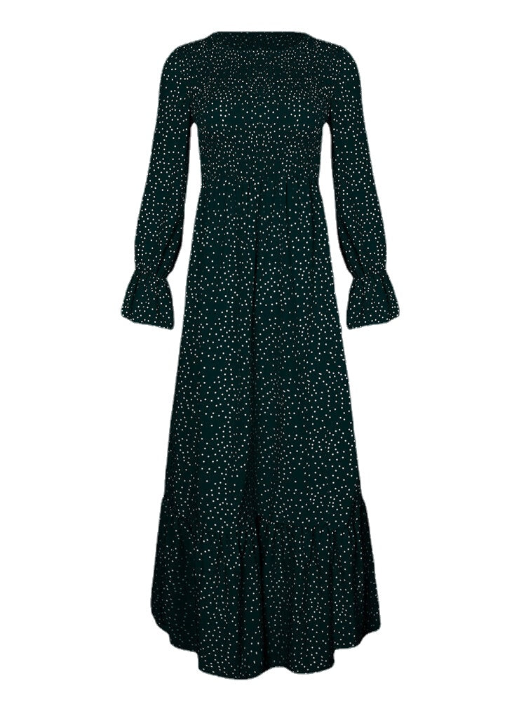 Women Polka Dot Print Pleated O-Neck Casual Long Sleeve Layered Maxi Dress