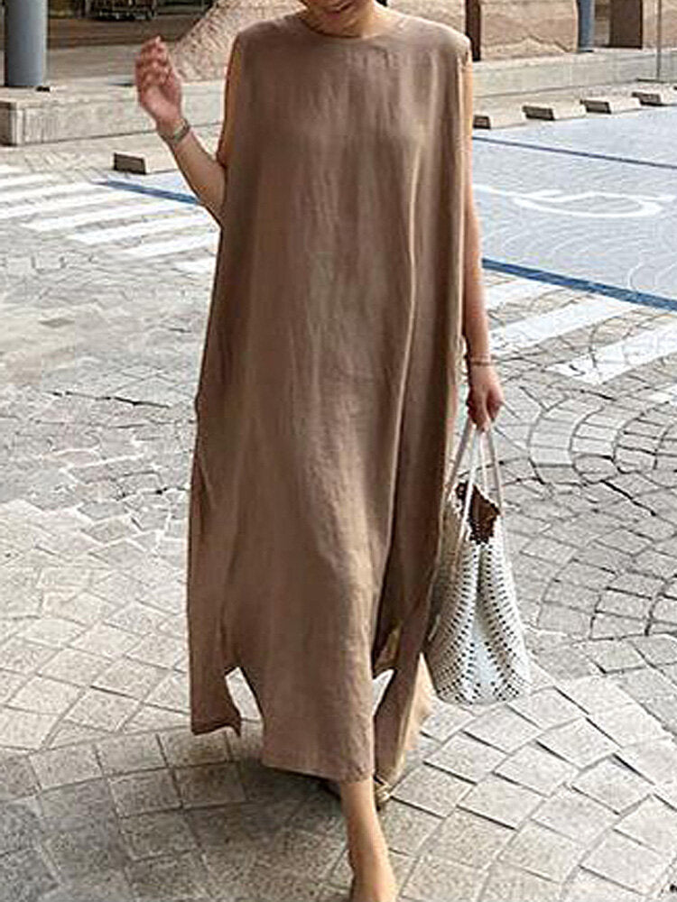 Women Solid Color Round Neck Sleeveless Loose Maxi Dresses