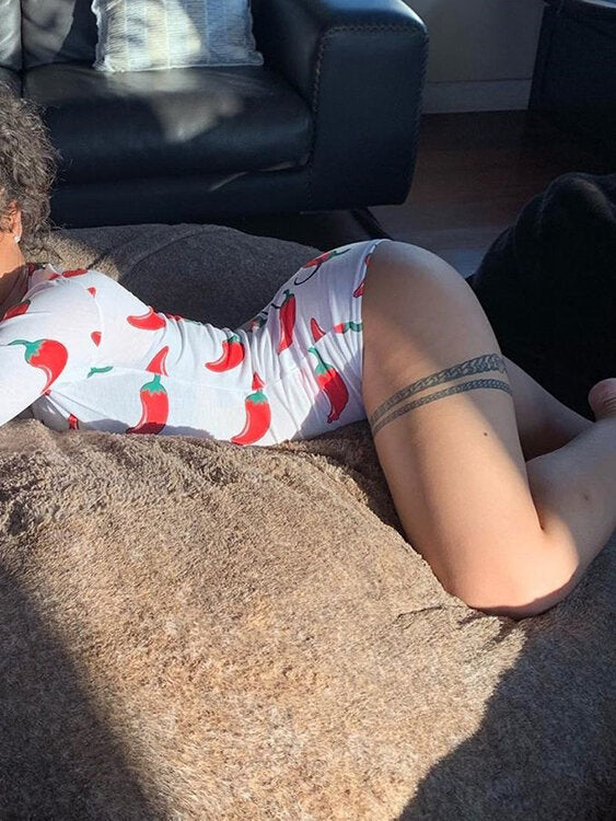 Fruit Vegetable Print Front Button V Neck Long Sleeves Casual Playsuits