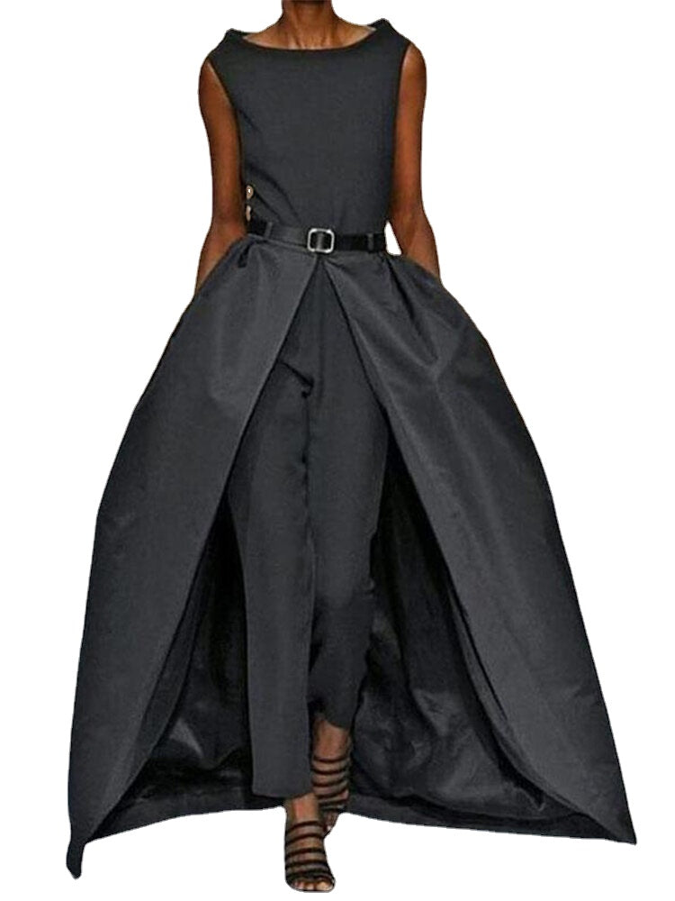 Elegant Women Sleeveless Solid High Split Long Pants Jumpsuits