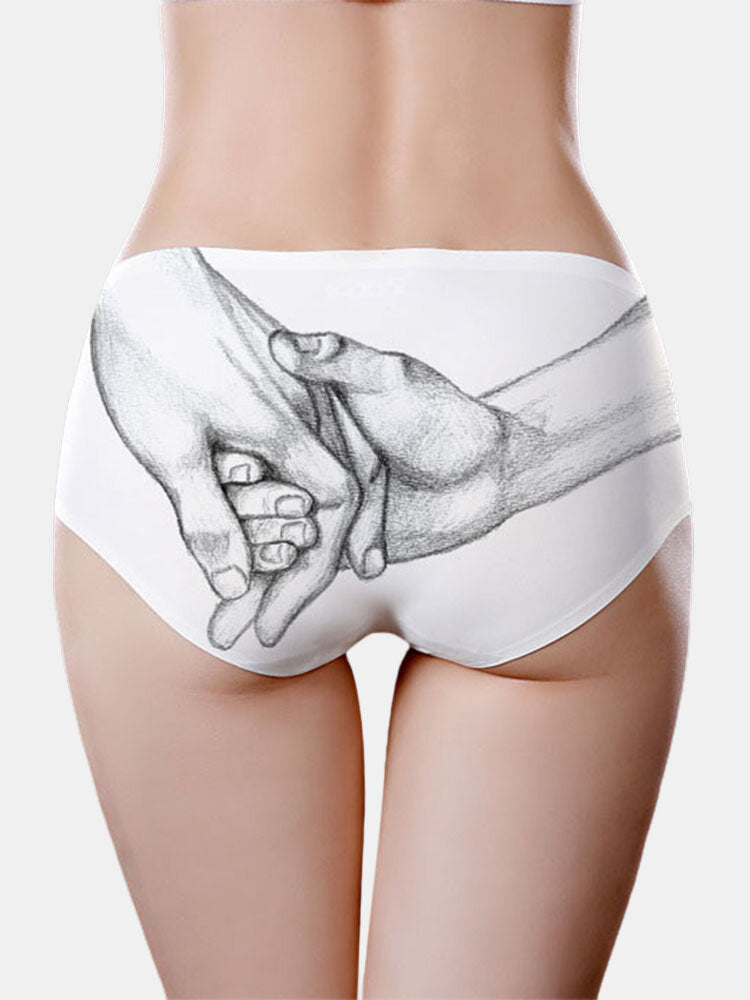 Women Cotton Breathable Hold Hands Print Full Hip Mid Waist Panty