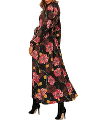 Cottagecore Flower Print Sash Lettuce-Edge Long Sleeve Maxi Dress