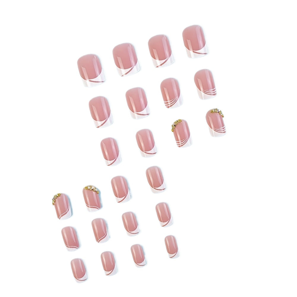 24pcs Glossy Pink Press-On Nails with Rhinestones & French White Edge - Reusable Fake Nails for Women & Girls