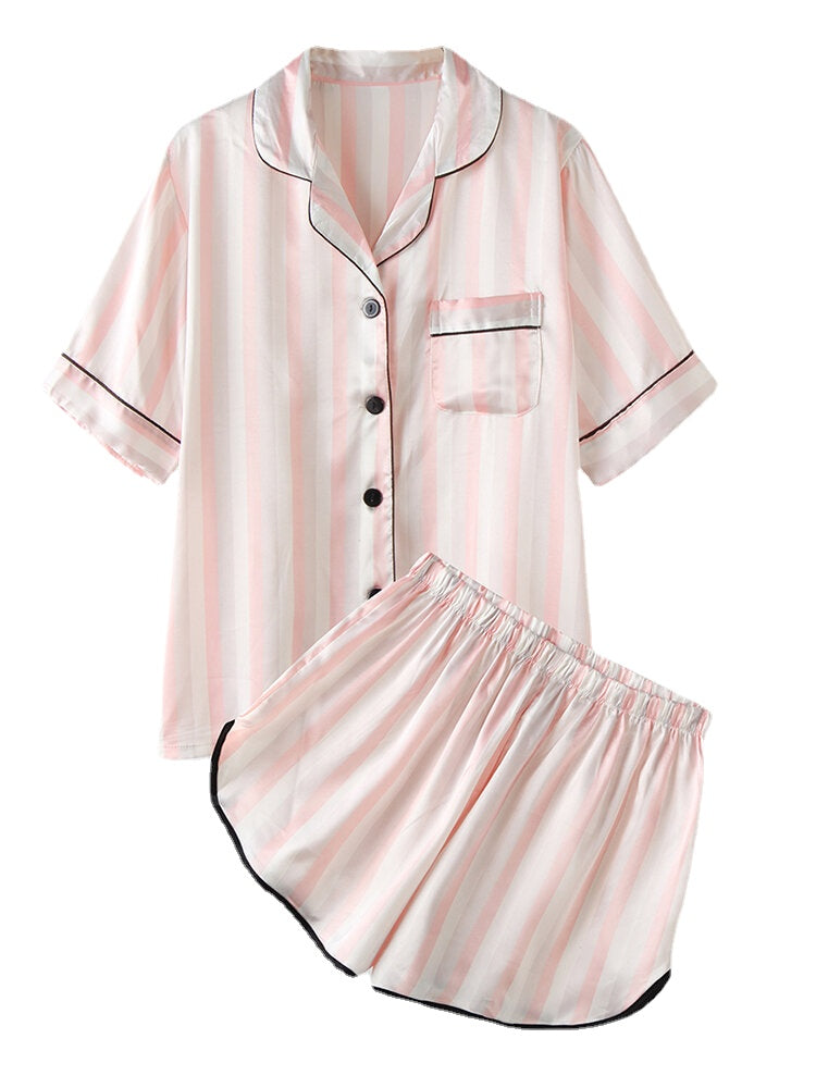 Women Colorful Striped Button Up Revere Collar Pocket Home Ice Silk Pajama Set