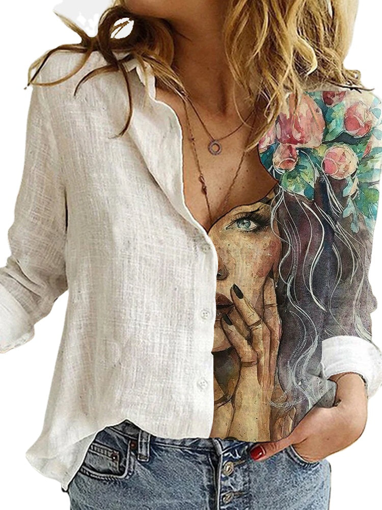 Women Figure Print Patchwork Lapel Long Sleeve Casual Shirts