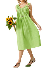 Solid Color Pleated V-Neck Sleeveless Casual Midi Dress With Pocket