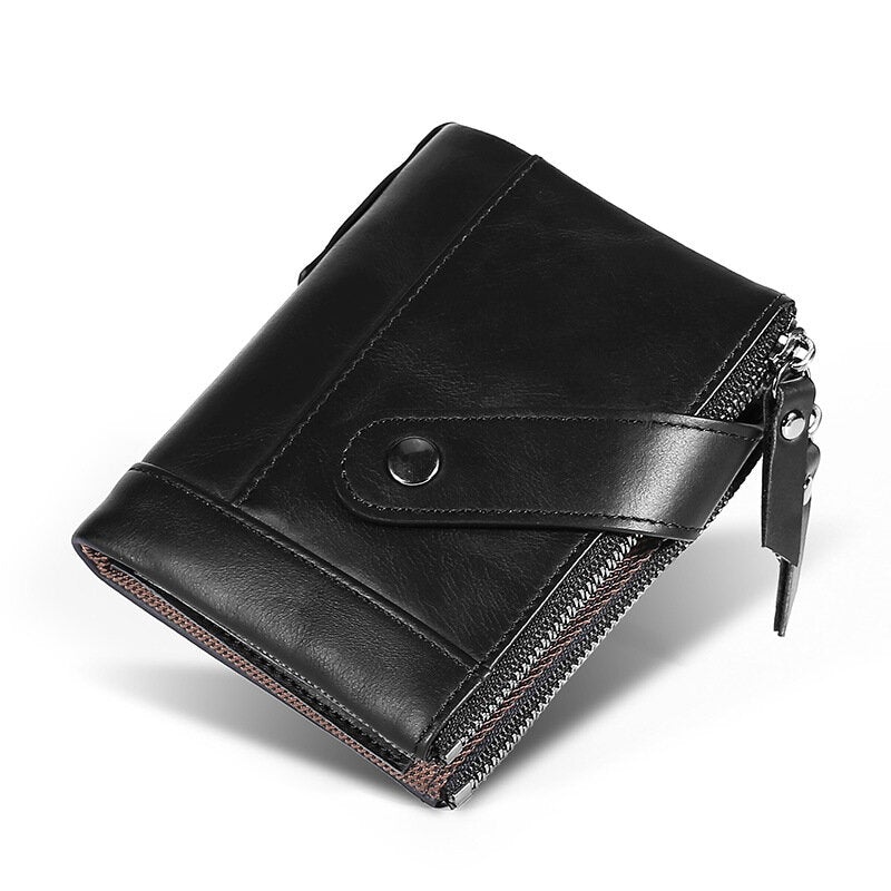 Men Genuine Leather RFID Blocking Vintage Double Zipper Cards Holder Wallet