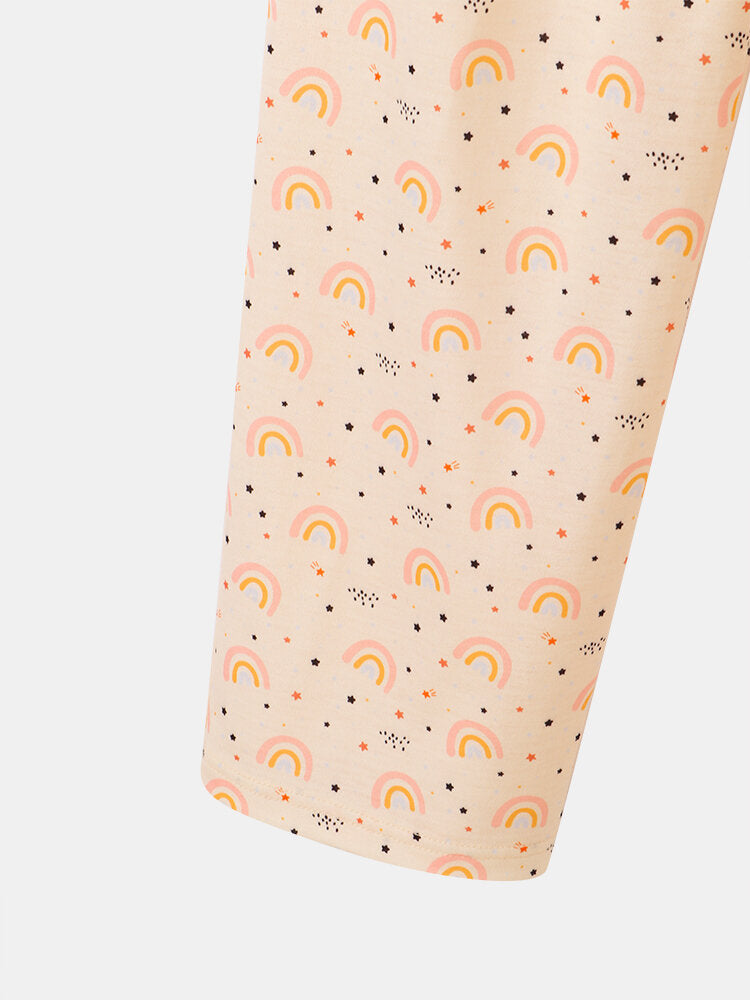 Plus Size Women Cute Cat Rainbow Print Long Sleeve Loose Pants Home Lounge Pajamas Sets