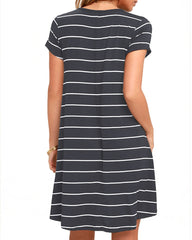 Striped O-neck Short Sleeve Casual Summer Mini Shirt Dress
