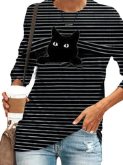 Women Black Cat Print Long Sleeves O-Neck Striped Casual T-Shirt