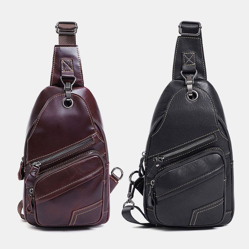 Men Genuine Leather Large Capacity Outdoor Casual Chest Bag Convertible Shoulder Strap Multi-pocket Crossbody