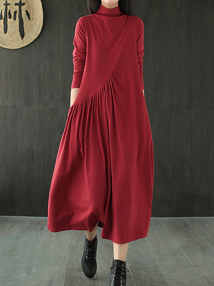 Women Pleated Solid Color Long Sleeve High Neck Casual Dress