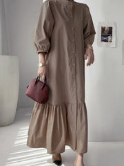 Women Solid Color Button Down Front 3/4 Sleeve Maxi Dresses