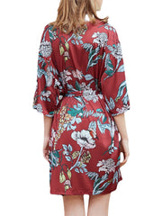 Plus Size Women Floral Print Half Sleeve Faux Silk Smooth Sleepwear Robes