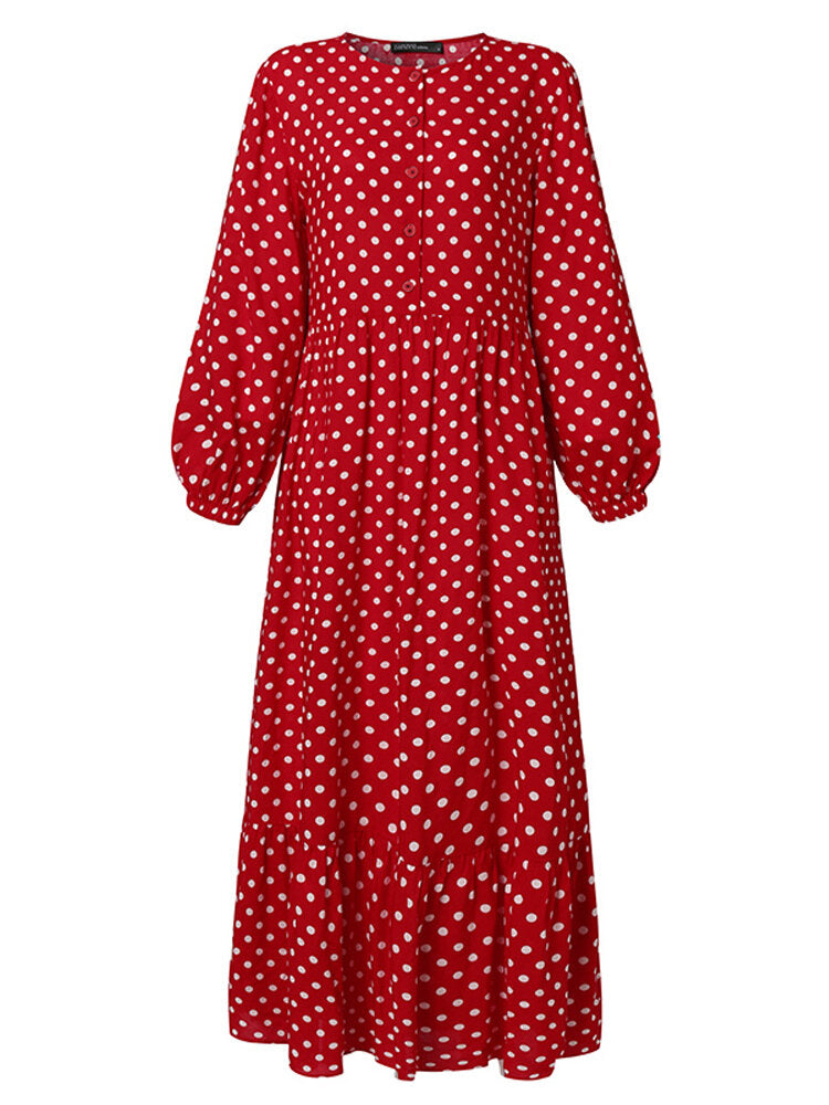 Women Retro Polka Dot Print Pleated Ruffled Hem Side Zipper Button Vintage Maxi Dress