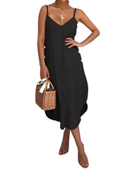 Women Sleeveless Strap V-neck Button Solid Maxi Dress