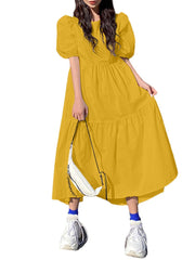 Casual Loose Round Neck Short Sleeve Solid Color Pleated Maxi Dress