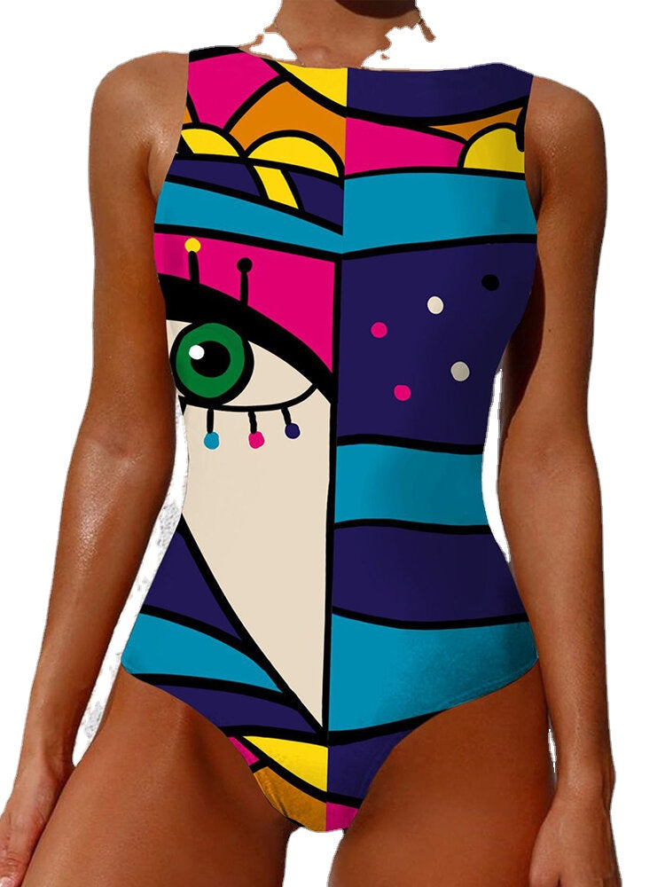 Women Abstract Figure Print Color Block Sleeveless Backless One-Piece Swimwear