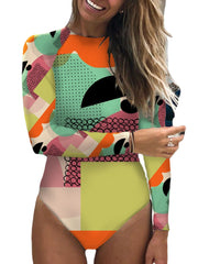 Women Color Block Abstract Print Bow Open Back Long Sleeve Slmming One Piece