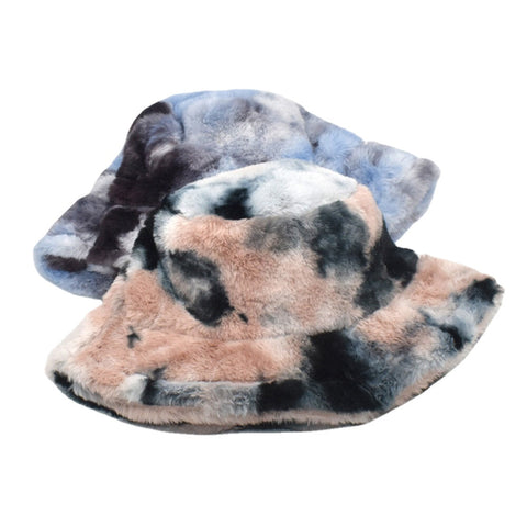 Unisex Faux Rabbit Fur Colorful Gradient Tie-dye Bucket Hat Winter Thicken Warmth Windproof Fashion Sunshade Hat