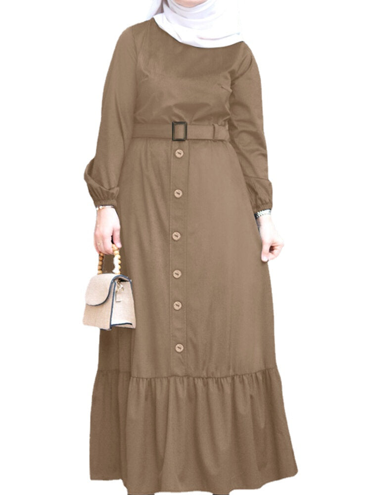 Women Ruffle Hem Solid Color Button Belted Casual Long Sleeve Maxi Dress