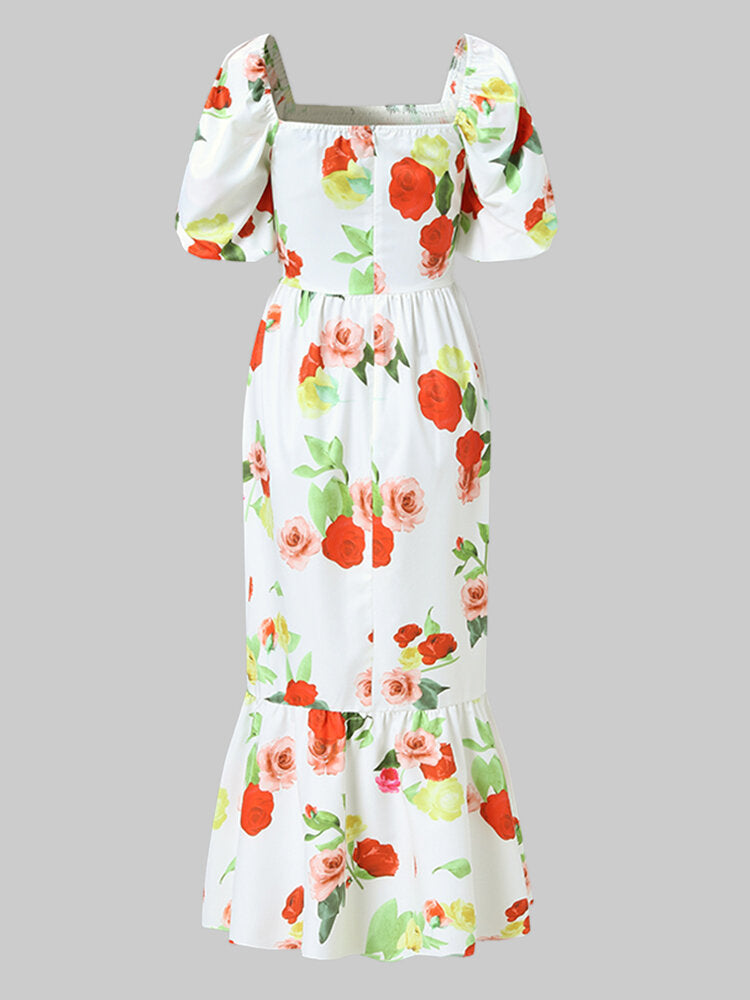 Women Holiday Square Neck Puff Sleeve Slim Fit Fishtail Swing Floral Print Maxi Dress