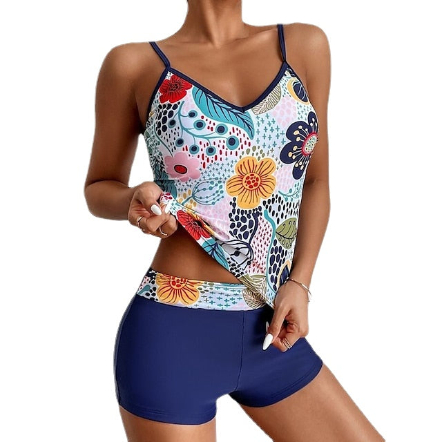 Women's Swimwear Tankini 2 Piece Normal Swimsuit Water Sports Open Back string Print Floral Tropical Blue Camisole Padded V Wire Bathing Suits New Vacation Casual