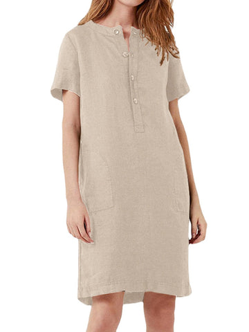 100% Cotton Women Loose Linen Round Neck Short Sleeve Button Dress with Pocket